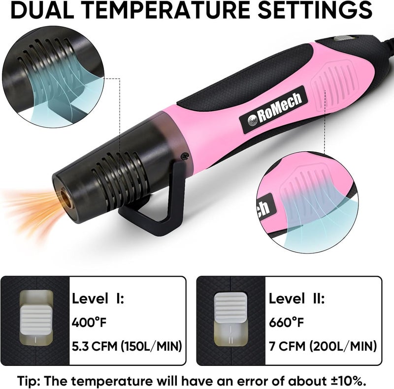 ROMECH 350W Heat Gun with 2 Nozzles, Dual Temp Heat Gun 400°F-660°F, Fast Heat Hot Air Gun with Overload Protection for DIY Craft Embossing Shrink Wrapping (Pink) - Image 2